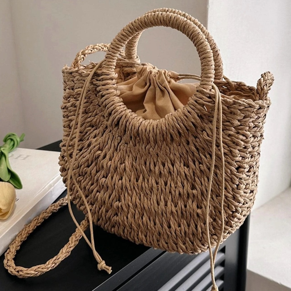 Boho Straw Top Handle Woven Handbag